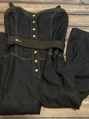 Dark halter Denim Jumpsuit with Contrast Stitching